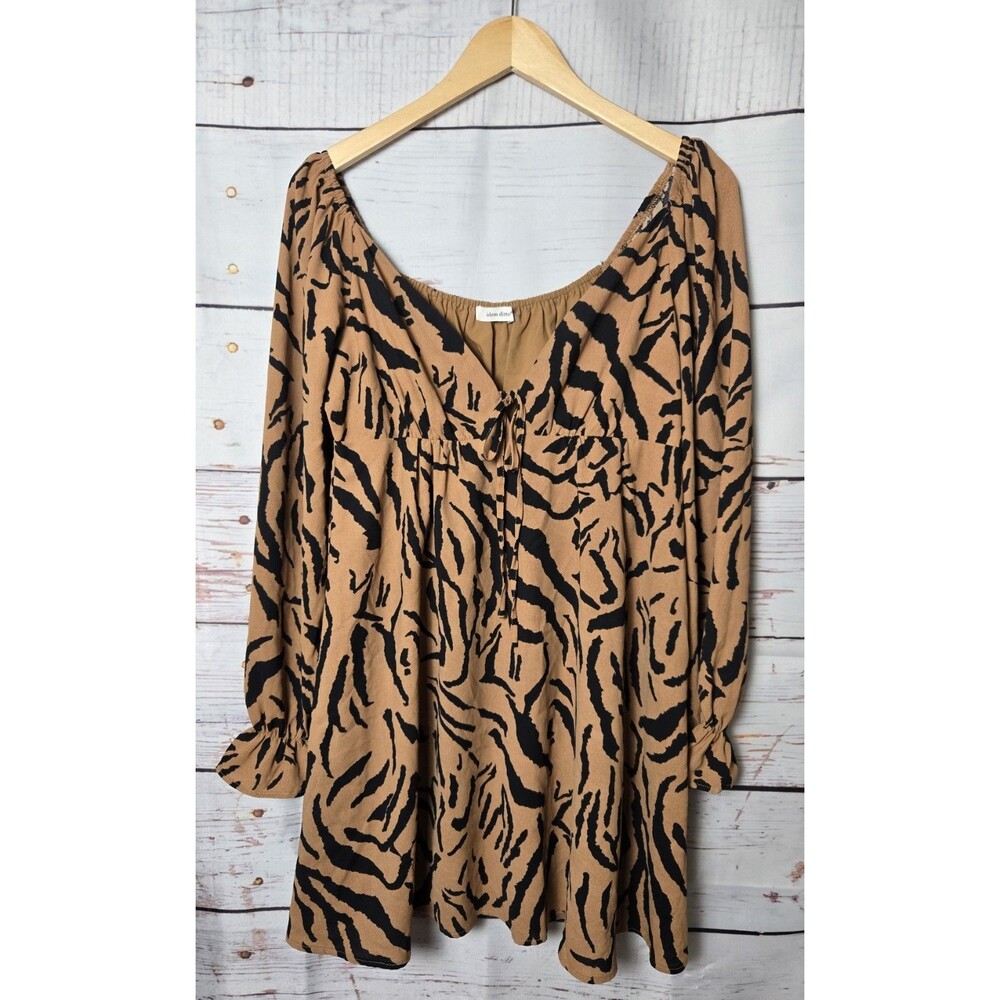 idem ditto Womens Dress Size L Brown Black Animal Print V-Neck Tie Long Sleeve